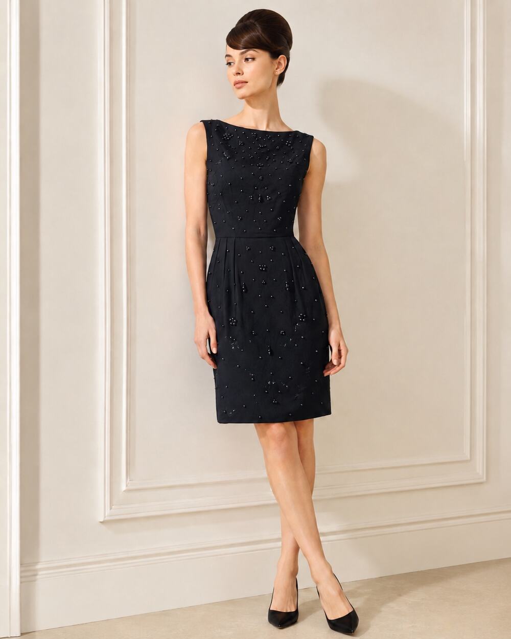 Vintage 60s Black Beaded Cocktail Dress Wiggle LBD Carriage House XS/S